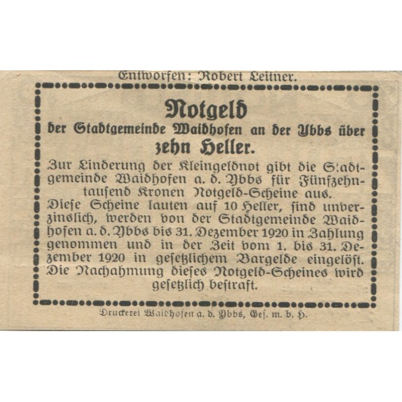 Banknote, Austria, Waidhofen, 10 Heller, château, 1920 UNC(63) Mehl:FS 1125
