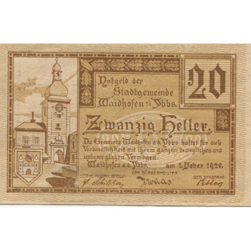 Billet, Autriche, Waidhofen, 20 Heller, Blason 1920-12-31, SPL, Mehl:FS 1125