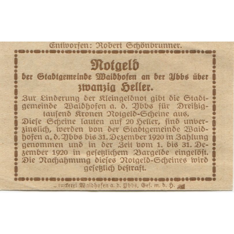 Billet, Autriche, Waidhofen, 20 Heller, Blason 1920-12-31, SPL, Mehl:FS 1125