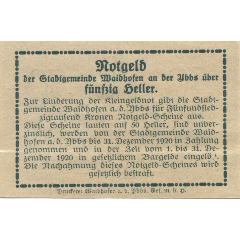 Banknote, Austria, Waidhofen, 50 Heller, tour, 1920 UNC(63) Mehl:FS 1125
