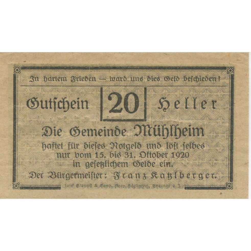 Banknote, Austria, Mühlheim, 20 Heller, château, 1920 UNC(63) Mehl:FS 631