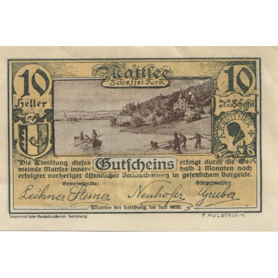 Banknote, Austria, Mattsee, 10 Heller, fleuve, 1920, UNC(63), Mehl:FS 596a