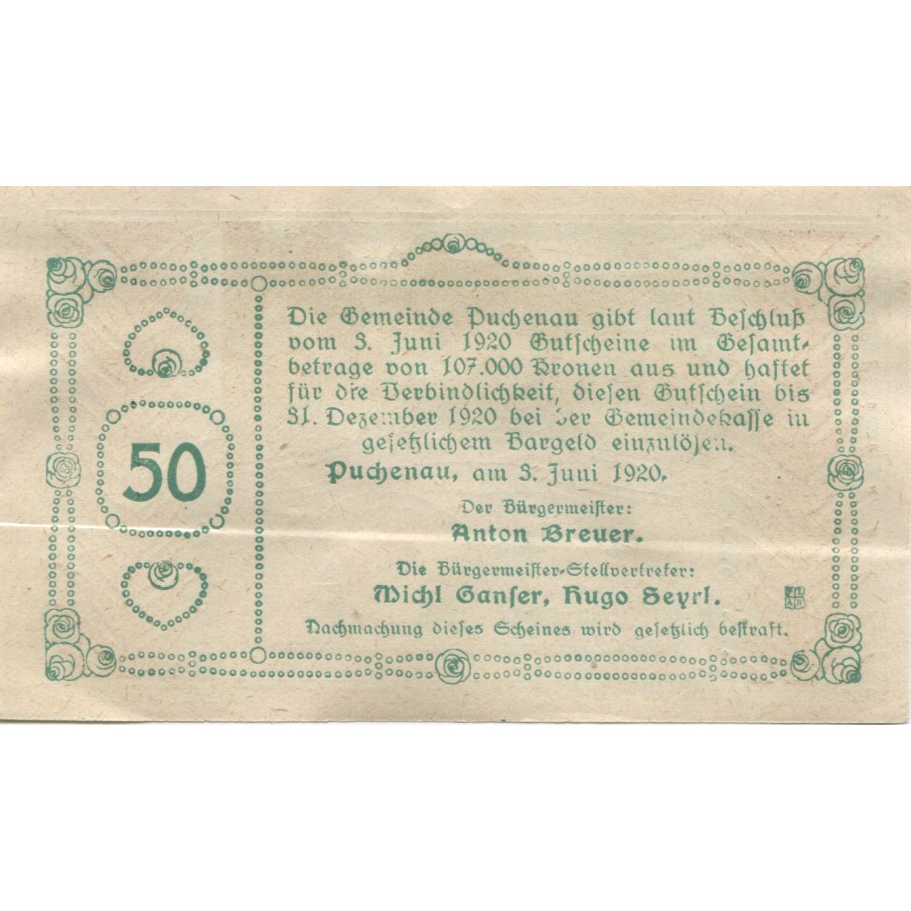 Banknote, Austria, Puchenau, 50 Heller, Foret, 1920, UNC(60-62), Mehl:FS 788Ib