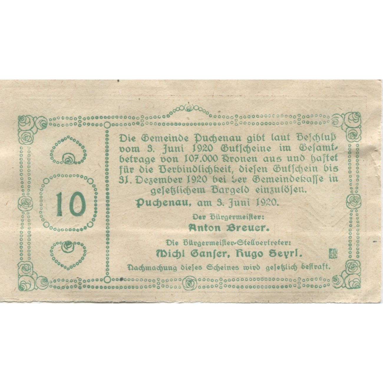 Banknote, Austria, Puchenau, 10 Heller, pont, 1920, UNC(63), Mehl:FS 788Ib