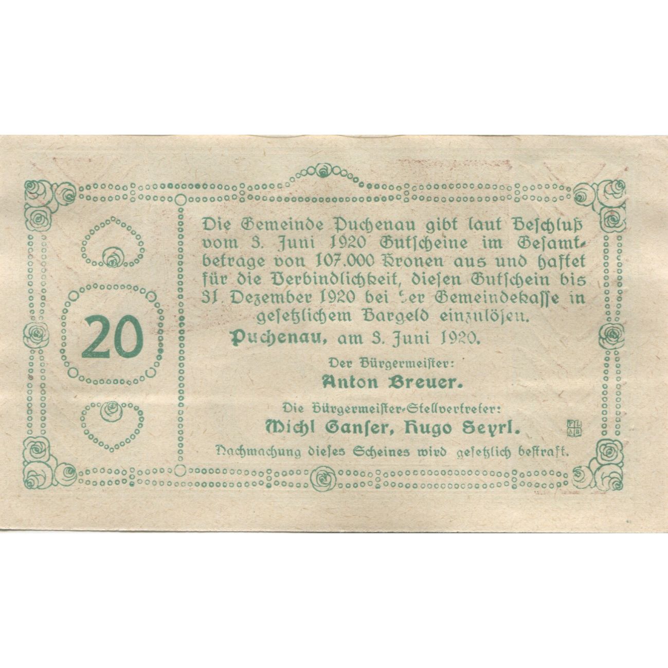 Banknote, Austria, Puchenau, 20 Heller, parc, 1920, UNC(63) Mehl:FS 788Ib