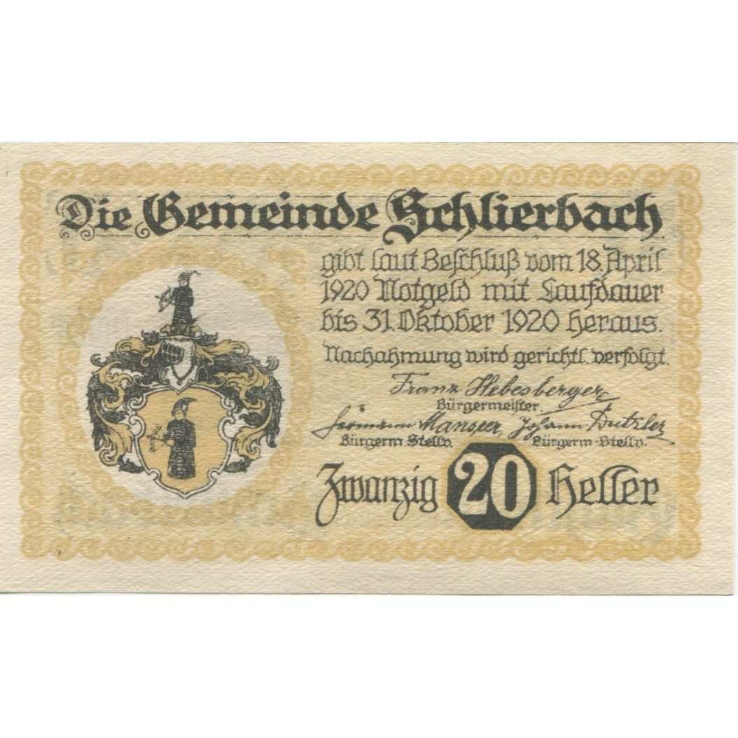 Banknote, Austria, Schlierbach, 20 Heller, Blason, 1920, UNC(63) Mehl:FS 962I