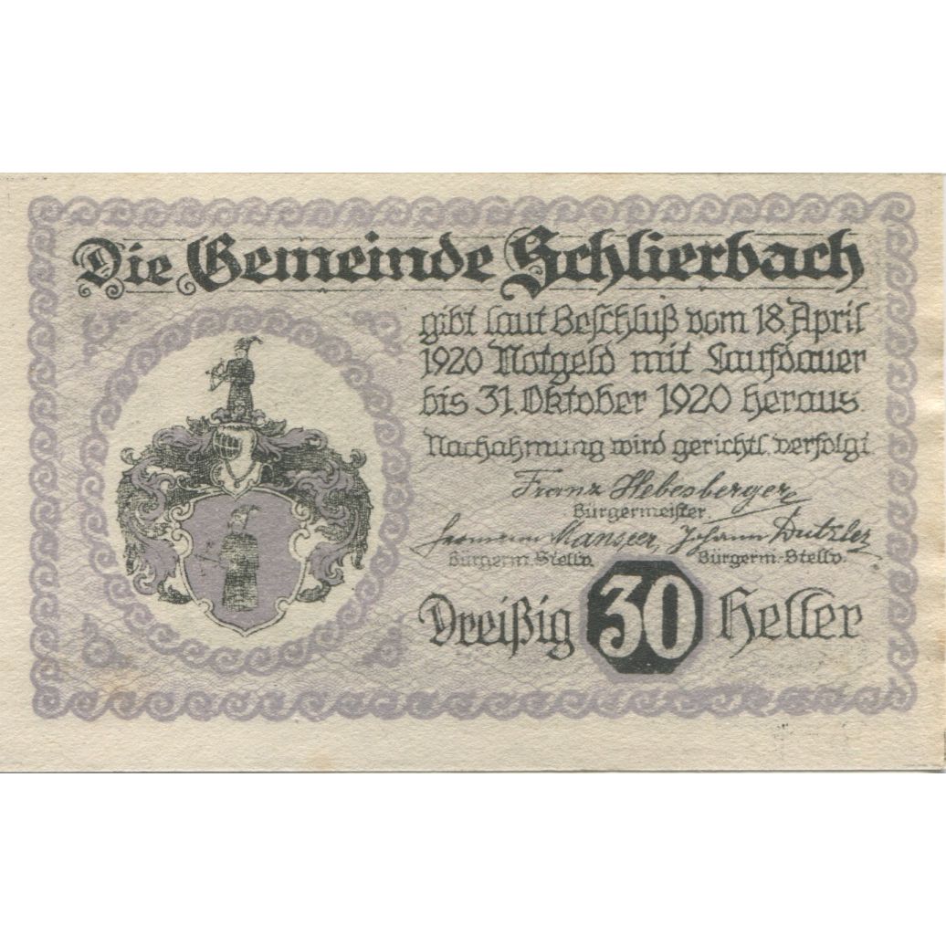 Banknote, Austria, Schlierbach, 30 Heller, château, 1920 UNC(63) Mehl:FS 962I