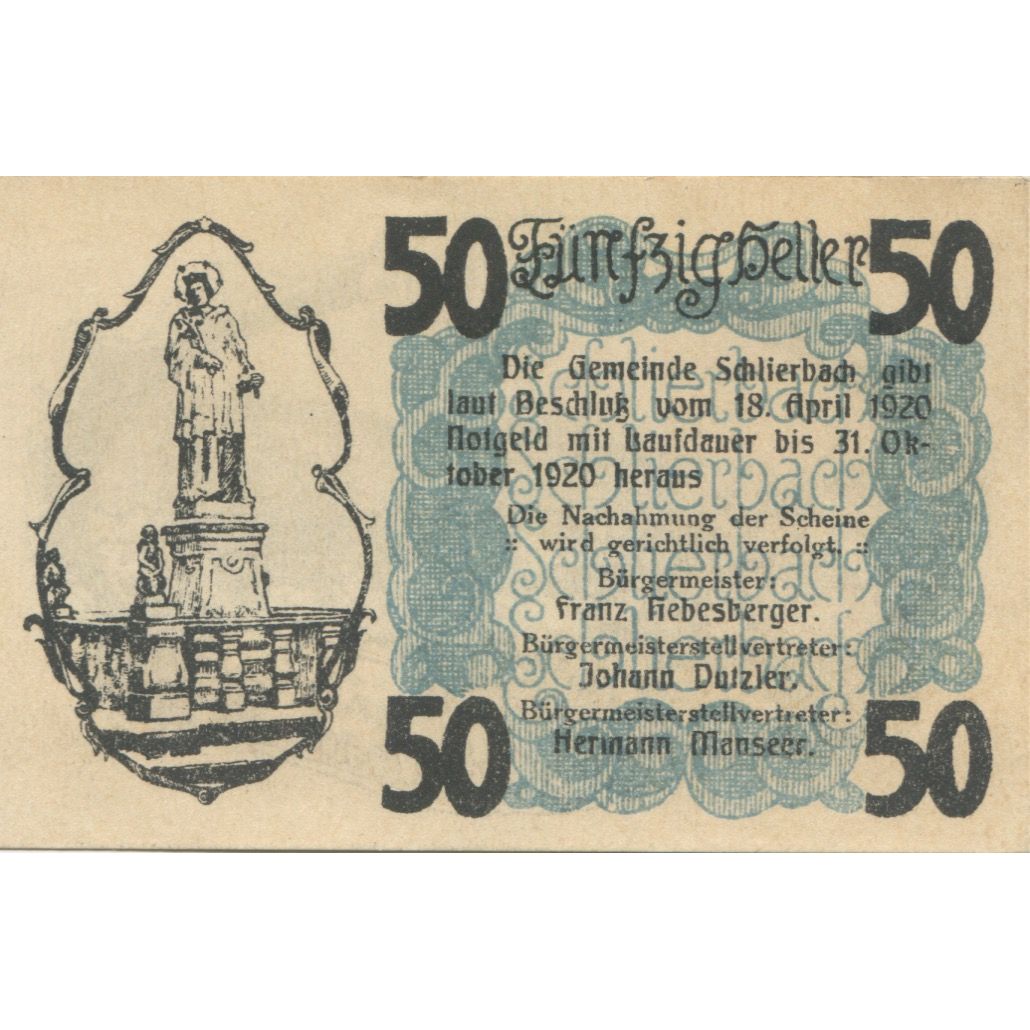 Banknote, Austria, Schlierbach, 50 Heller, statue, 1920 UNC(63) Mehl:FS 962I