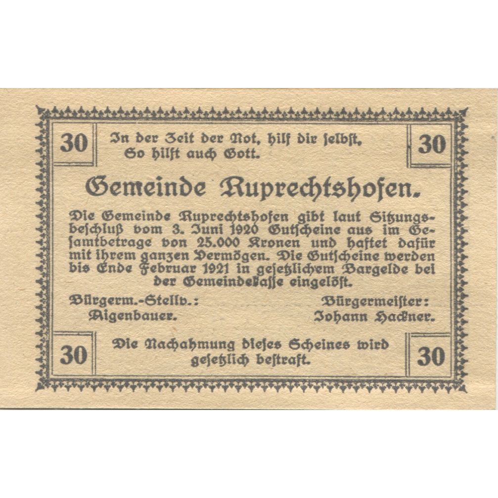 Banknote, Austria, Ruprechtshofen, 30 Heller pêcheur, 1920 UNC(63) Mehl:FS 901a