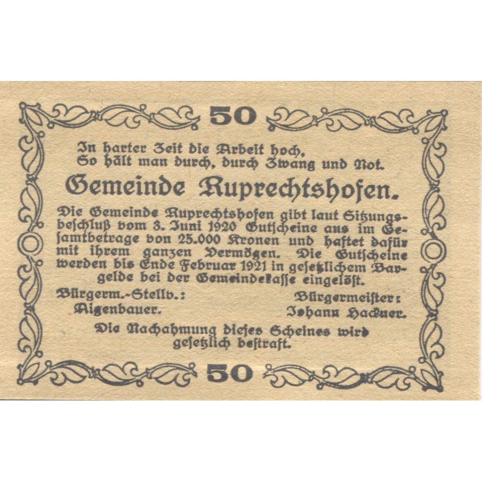 Banknote, Austria, Ruprechtshofen, 50 Heller, château 1920 UNC(63) Mehl:FS 901a