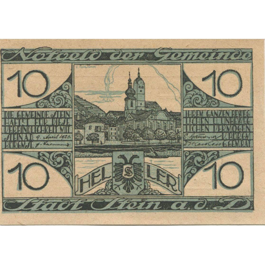 Banknote, Austria, Stein a/d Donau, 10 Heller, village, 1920 UNC(63) Mehl:FS 356