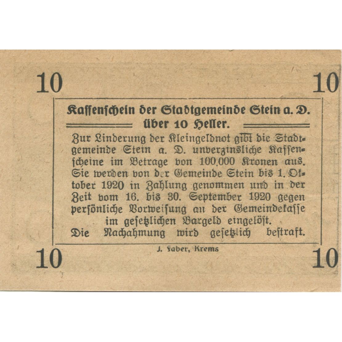 Banknote, Austria, Stein a/d Donau, 10 Heller, village, 1920 UNC(63) Mehl:FS 356