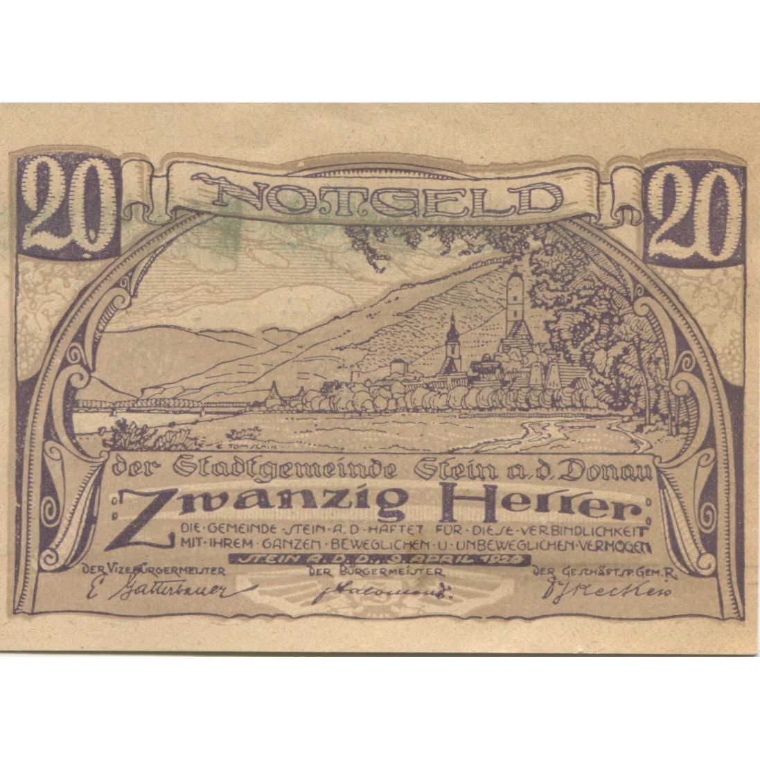 Banknote, Austria, Stein a/d Donau 20 Heller, paysage, 1920, UNC(63) Mehl:FS 356