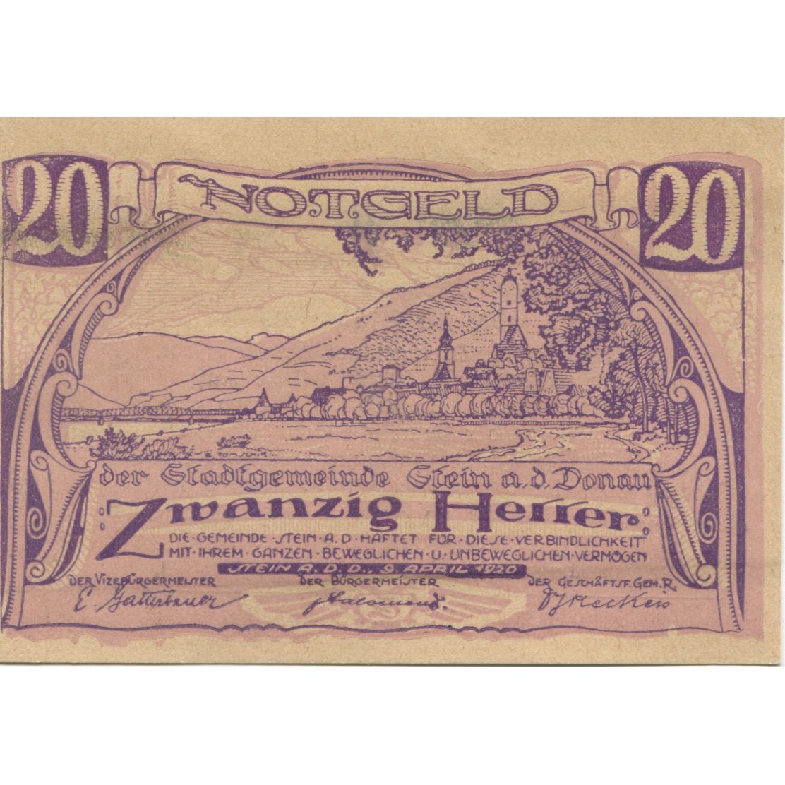 Banknote, Austria, Stein a/d Donau, 20 Heller, fleuve, 1920 UNC(63) Mehl:FS 356