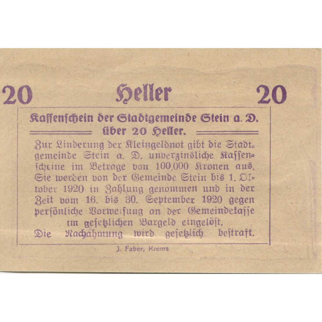 Banknote, Austria, Stein a/d Donau, 20 Heller, fleuve, 1920 UNC(63) Mehl:FS 356