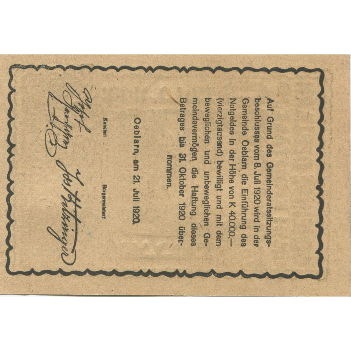 Geldschein, Österreich, Oeblarn, 20 Heller, village 1920 UNZ- Mehl:FS 700Ib