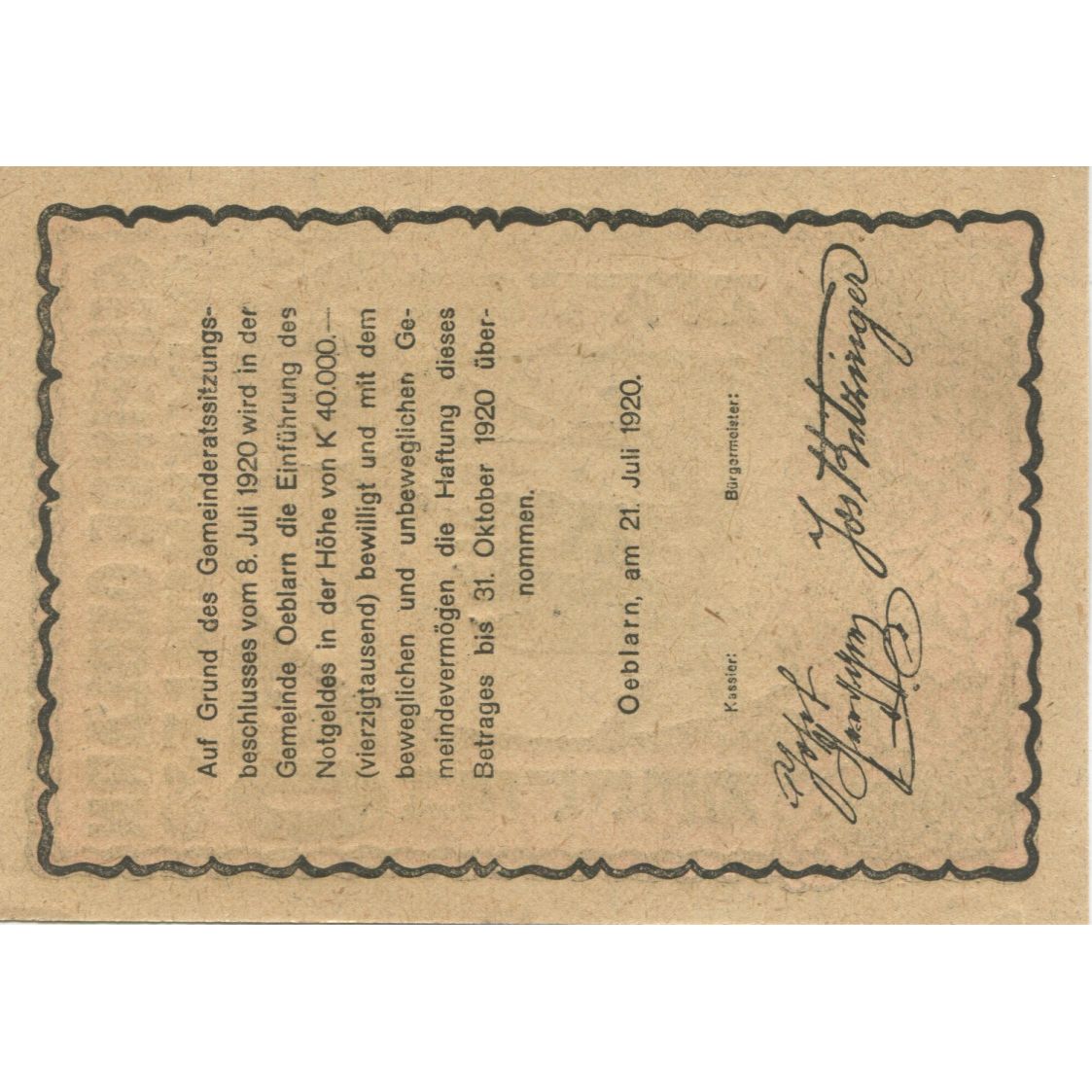 Biljet, Oostenrijk, Oeblarn, 20 Heller, Eglise 1920-10-31, SPL Mehl:FS 700Ib