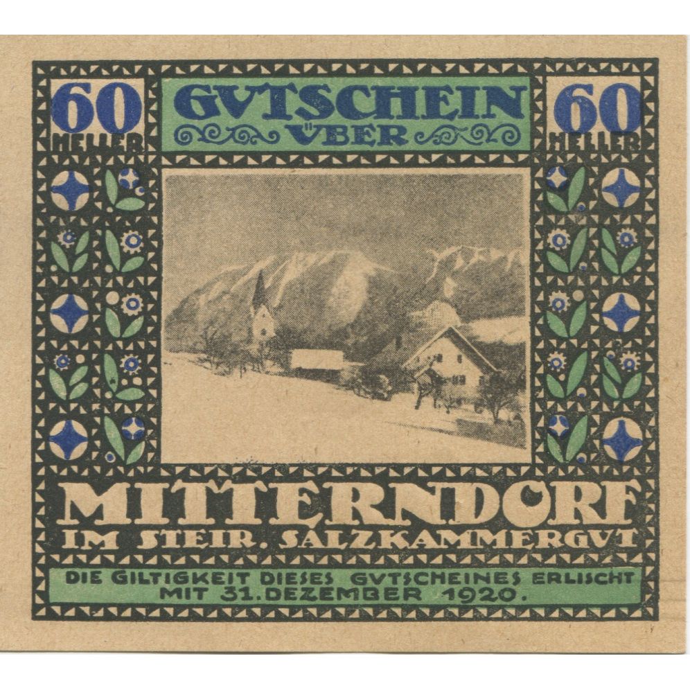 Banknote, Austria, Mitterndorf, 60 Heller, chalet, 1920 UNC(63) Mehl:FS 621