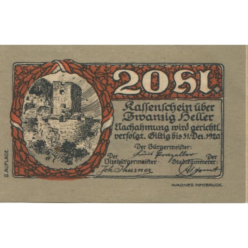 Banknote, Austria, Rattenberg, 20 Heller, château, 1920 UNC(63) Mehl:FS 821I