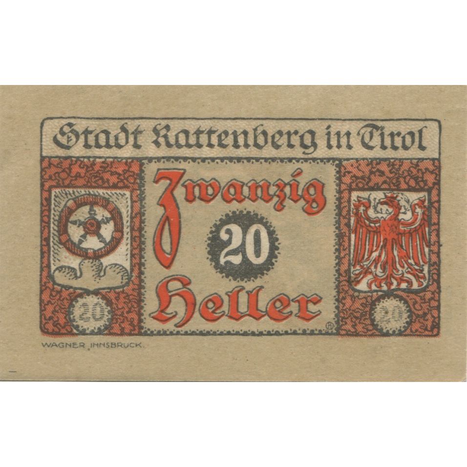 Banknote, Austria, Rattenberg, 20 Heller, château, 1920 UNC(63) Mehl:FS 821I
