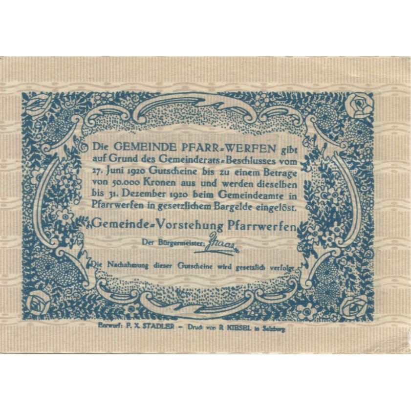 Biljet, Oostenrijk, Pfarrwerfen, 50 Heller, paysage, 1920-12-31 SPL Mehl:FS 745b
