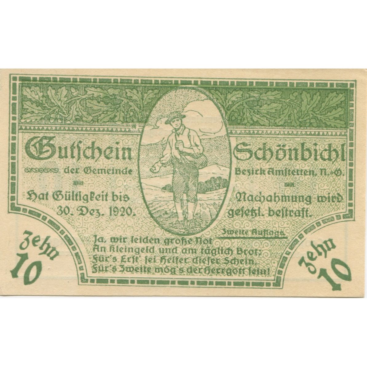 Banknote, Austria, Schonbichl, 10 Heller, champs, 1920 UNC(63) Mehl:FS 969Ib
