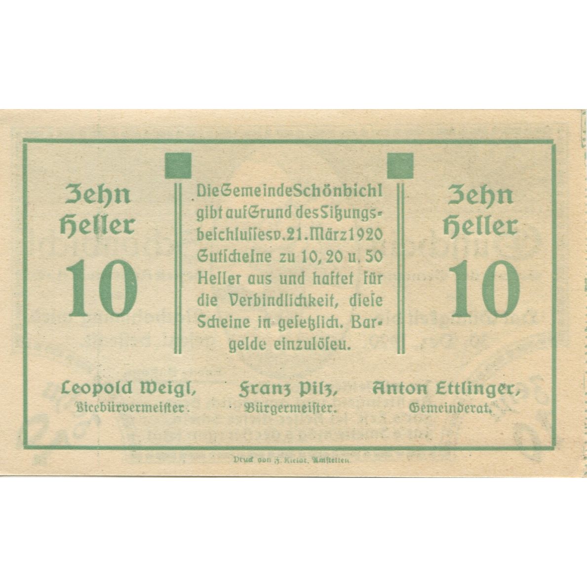 Banknote, Austria, Schonbichl, 10 Heller, champs, 1920 UNC(63) Mehl:FS 969Ib