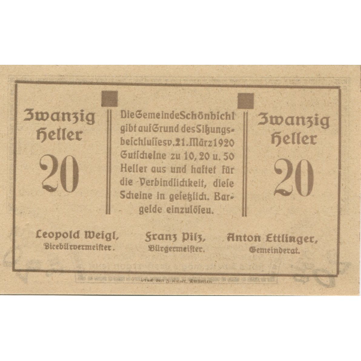 Biljet, Oostenrijk, Schonbichl, 20 Heller, personnage 1920 SPL Mehl:FS 969Ib