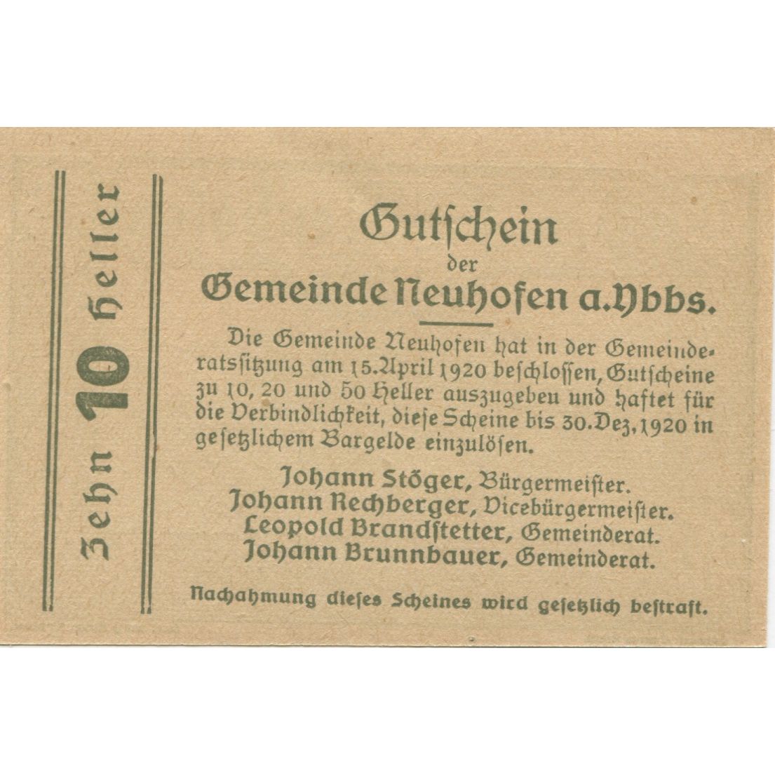 Banknote, Austria, Neuhofen, 10 Heller, paysage, 1920 UNC(63) Mehl:FS 650b
