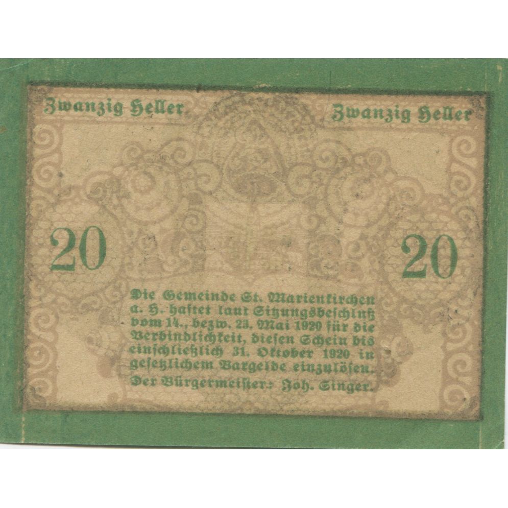 Banknote, Austria, Marienkirchen, 20 Heller, portrait, 1920 UNC(63) Mehl:FS 908