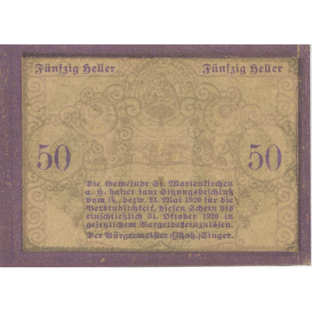 Banknote, Austria, Marienkirchen, 50Heller, personnage, 1920 UNC(63) Mehl:FS 908