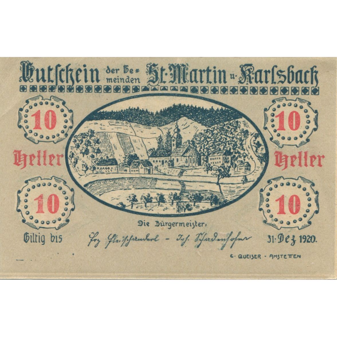 Billete, Austria, St Martin, 10 Heller, village 1920-12-31, SC Mehl:FS 913a