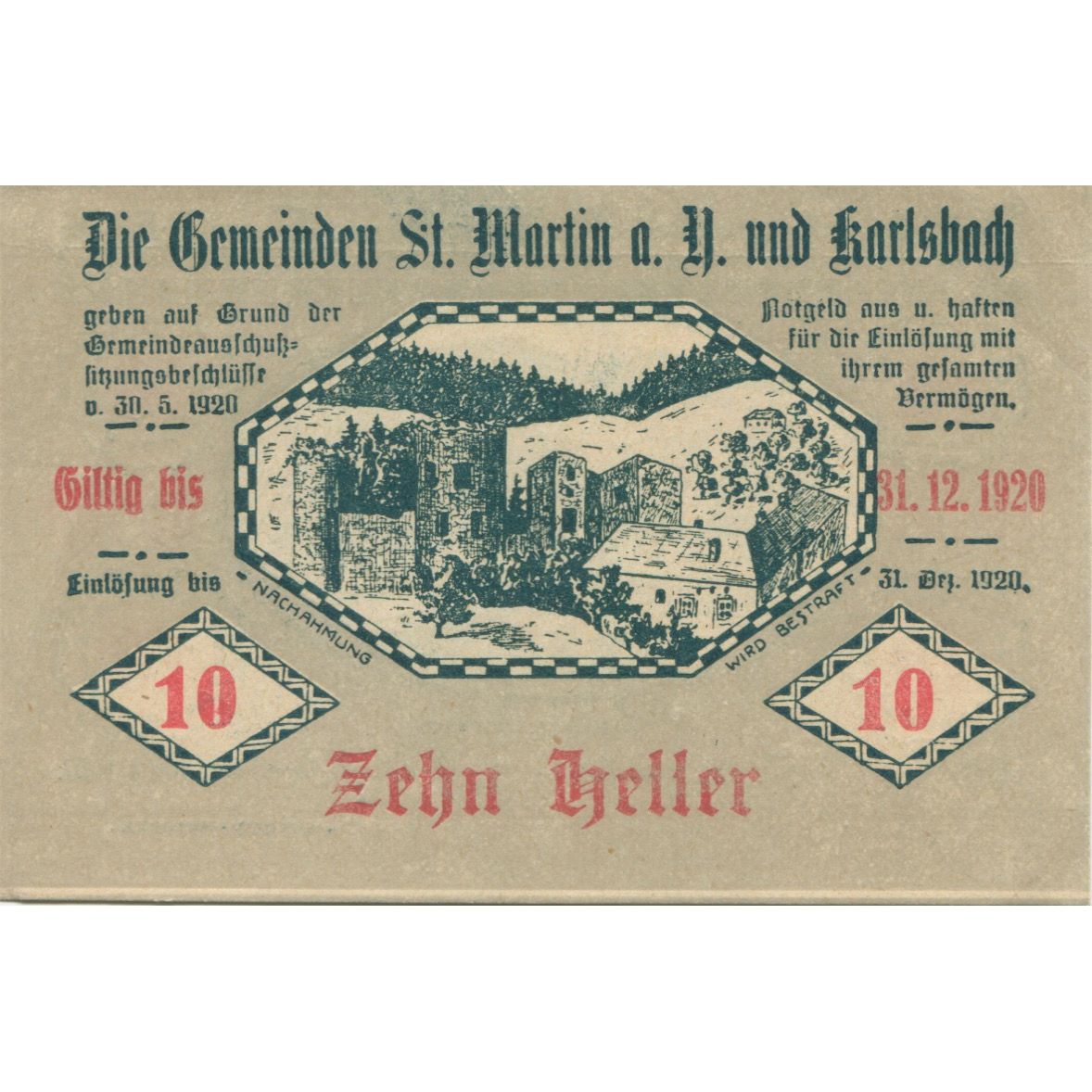 Billete, Austria, St Martin, 10 Heller, village 1920-12-31, SC Mehl:FS 913a
