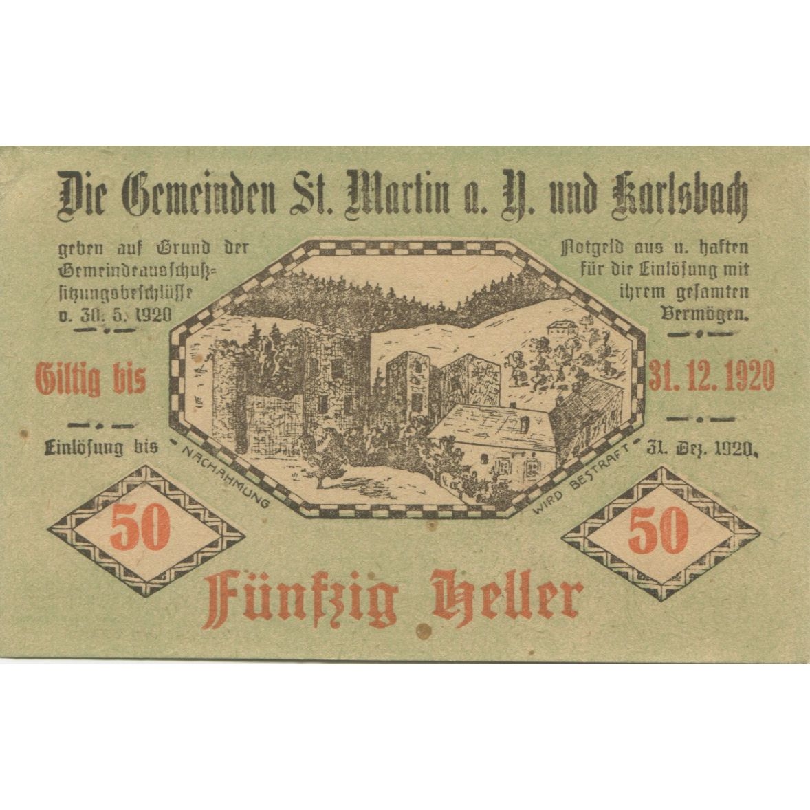Banknote, Austria, St Martin, 50 Heller, paysage, 1920 UNC(63) Mehl:FS 913a