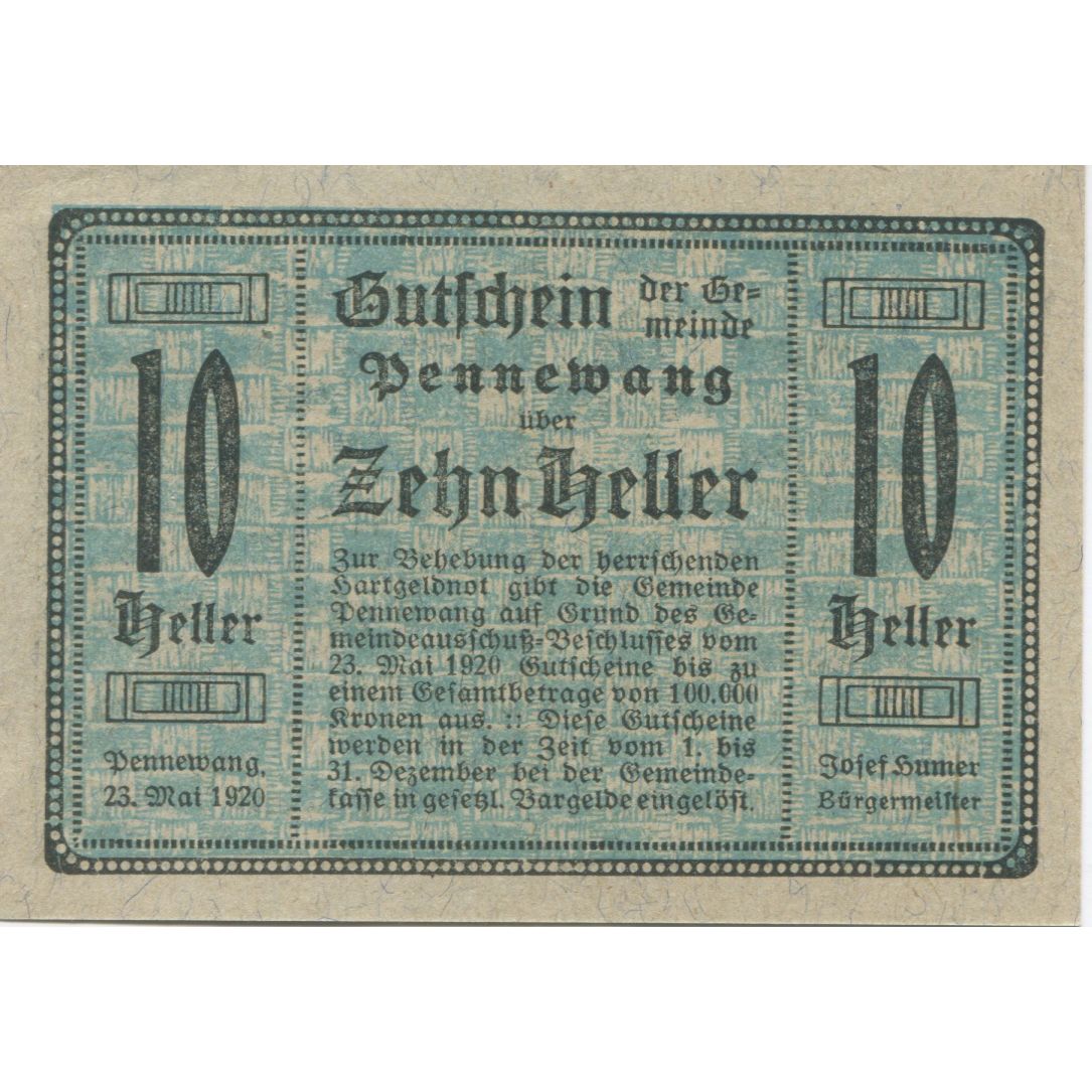 Banknote, Austria, Pennewang, 10 Heller, Texte, 1920 UNC(63) Mehl:FS 727a