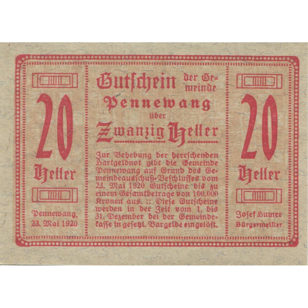 Banknote, Austria, Pennewang, 20 Heller, blé, 1920, UNC(63) Mehl:FS 727a