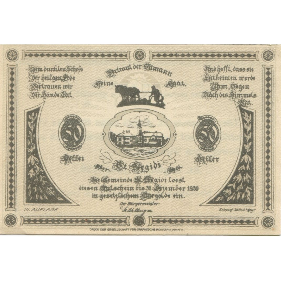 Banknote, Austria, St Aegidi, 50 Heller, village, 1920 UNC(63) Mehl:FS 875IIa