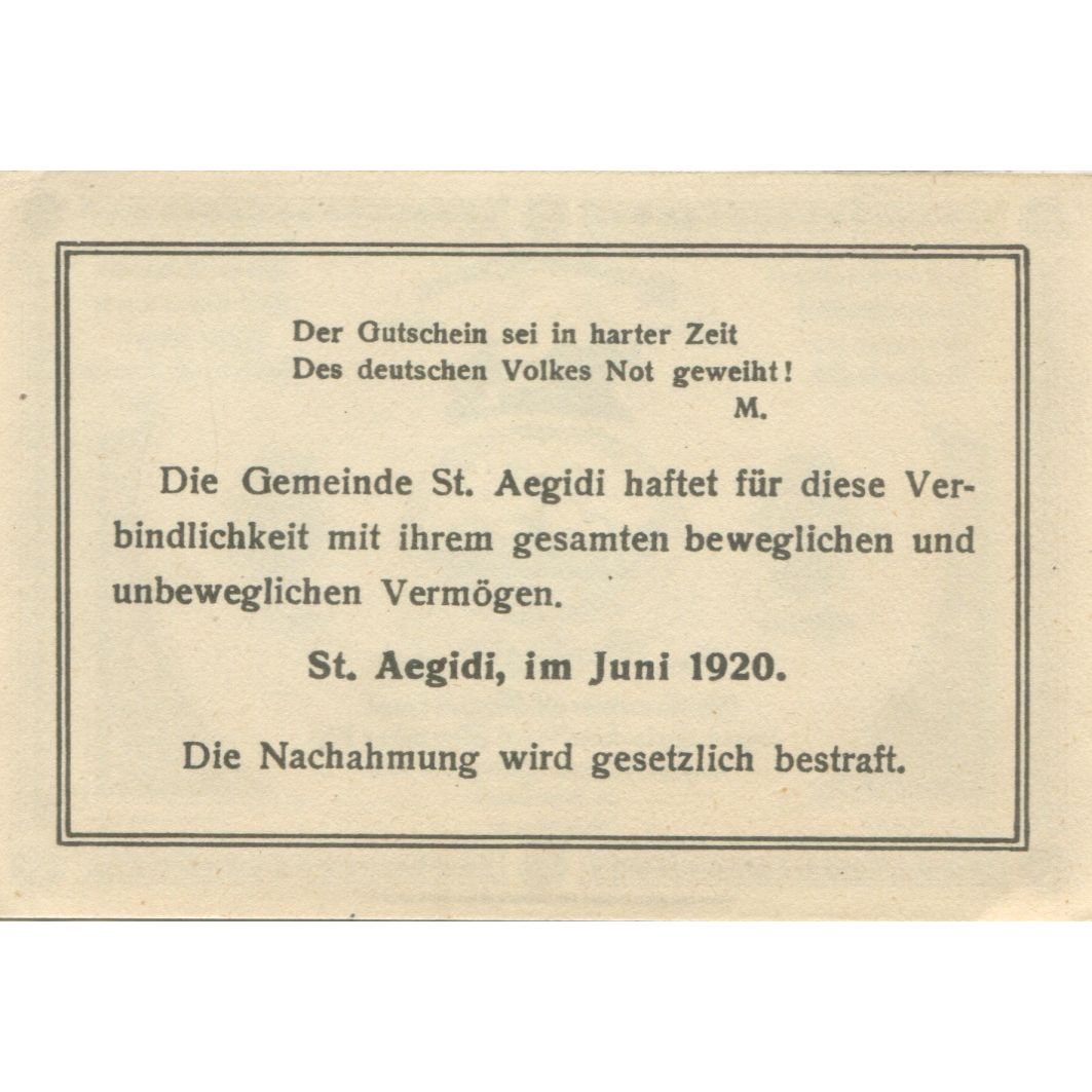 Banknote, Austria, St Aegidi, 50 Heller, village, 1920 UNC(63) Mehl:FS 875IIa
