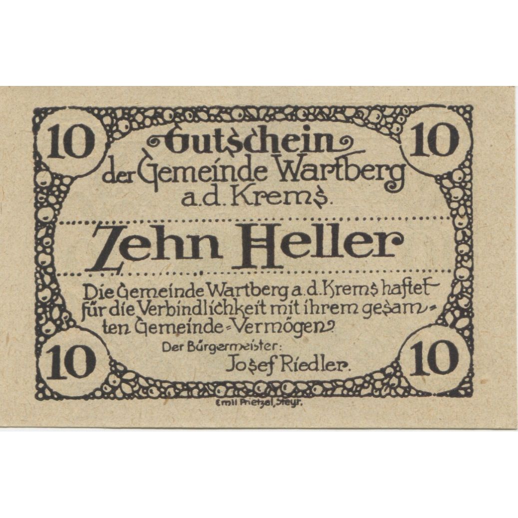 Banknote, Austria, Wartberg, 10 Heller, Eglise, 1920 UNC(63) Mehl:FS 1141a