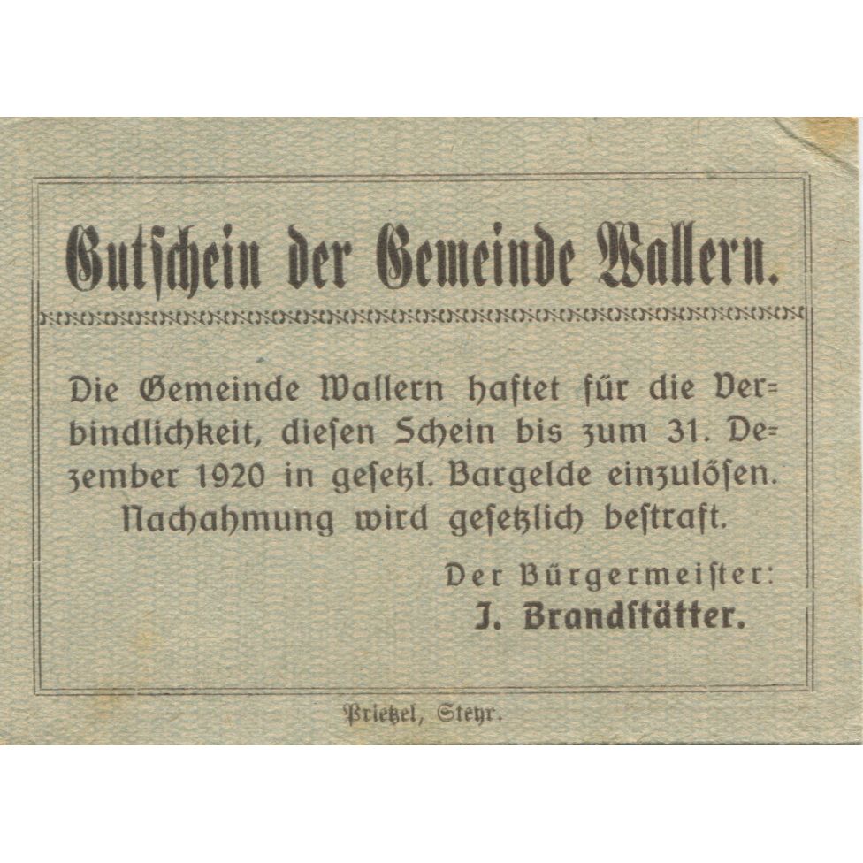 Biljet, Oostenrijk, Wallern, 10 Heller, paysage 1920-12-31, SUP Mehl:FS 1136a