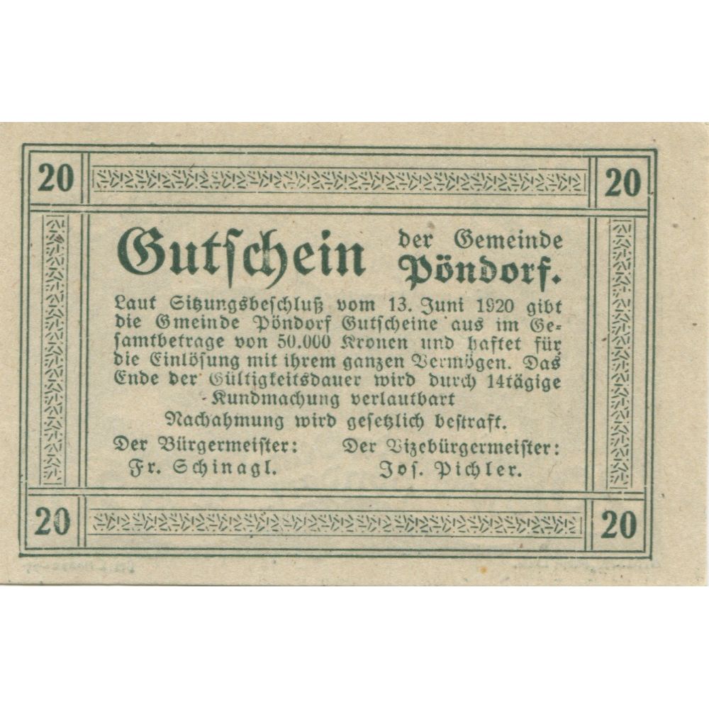 Billete, Austria, Pöndorf, 20 Heller, village, 1920, SC, Mehl:FS 757c