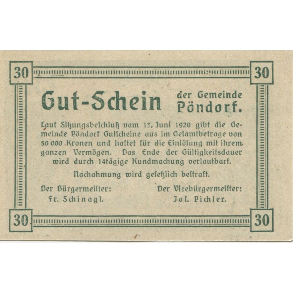 Banknote, Austria, Pöndorf, 30 Heller, champs, 1920, UNC(63), Mehl:FS 757c