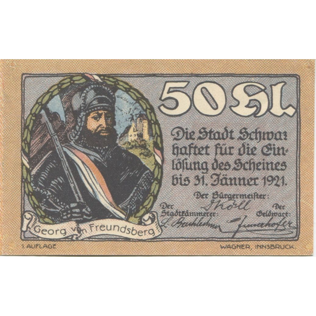 Banknote, Austria, Schwaz, 50 Heller, chevalier, 1920, UNC(63) Mehl:FS 983a