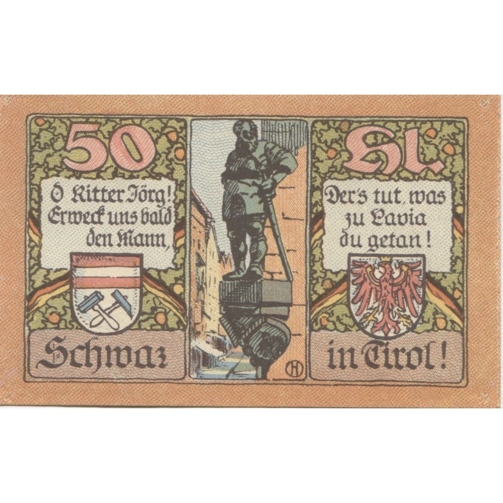 Banknote, Austria, Schwaz, 50 Heller, chevalier, 1920, UNC(63) Mehl:FS 983a