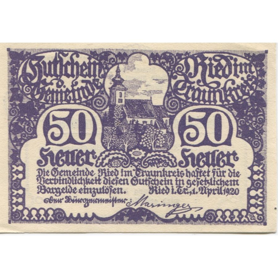 Banknot, Austria, Ried, 50 Heller, Eglise 1920-10-31, UNC(63) Mehl:FS 836Ib