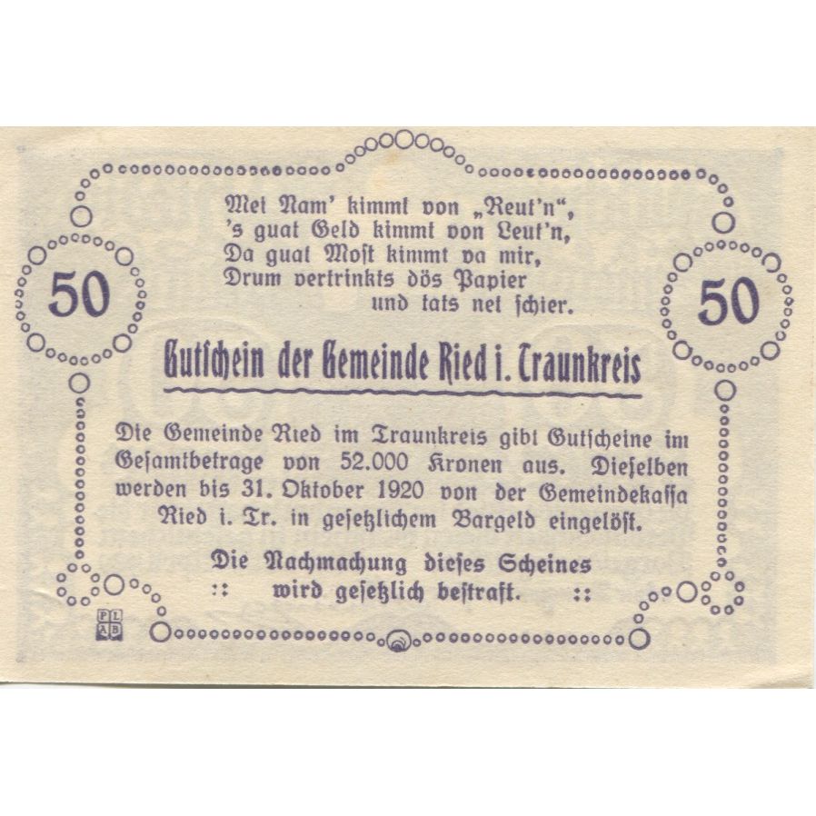 Banknot, Austria, Ried, 50 Heller, Eglise 1920-10-31, UNC(63) Mehl:FS 836Ib