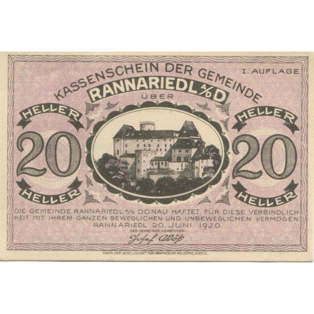 Banknot, Austria, Rannariedl, 20 Heller, château 1920-12-31 UNC(63) Mehl:FS 818a