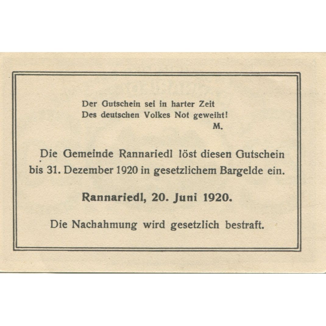 Banknot, Austria, Rannariedl, 20 Heller, château 1920-12-31 UNC(63) Mehl:FS 818a