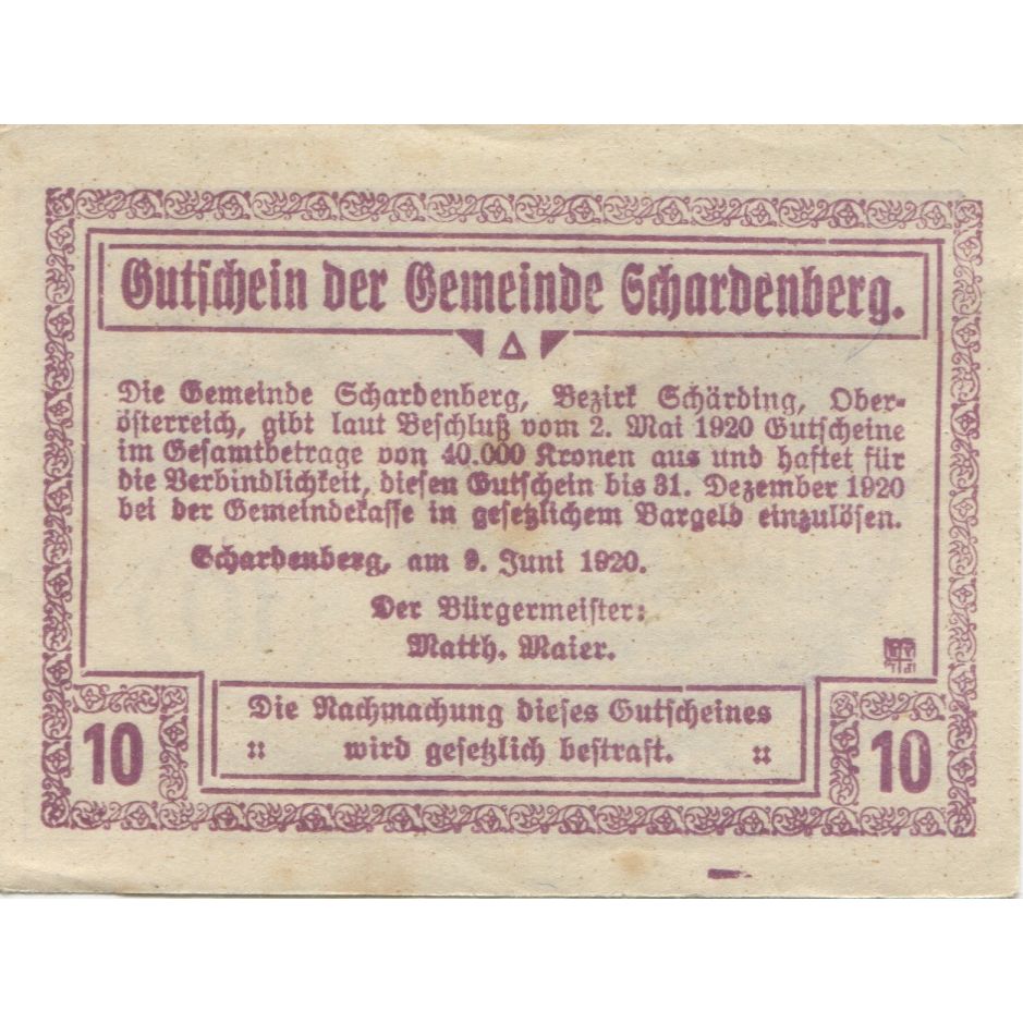 Geldschein, Österreich, Schardenberg, 10 Heller, village, 1920, VZ Mehl:FS 954b