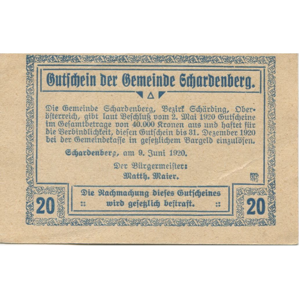 Geldschein, Österreich, Schardenberg, 20 Heller, village, 1920 UNZ- Mehl:FS 954b